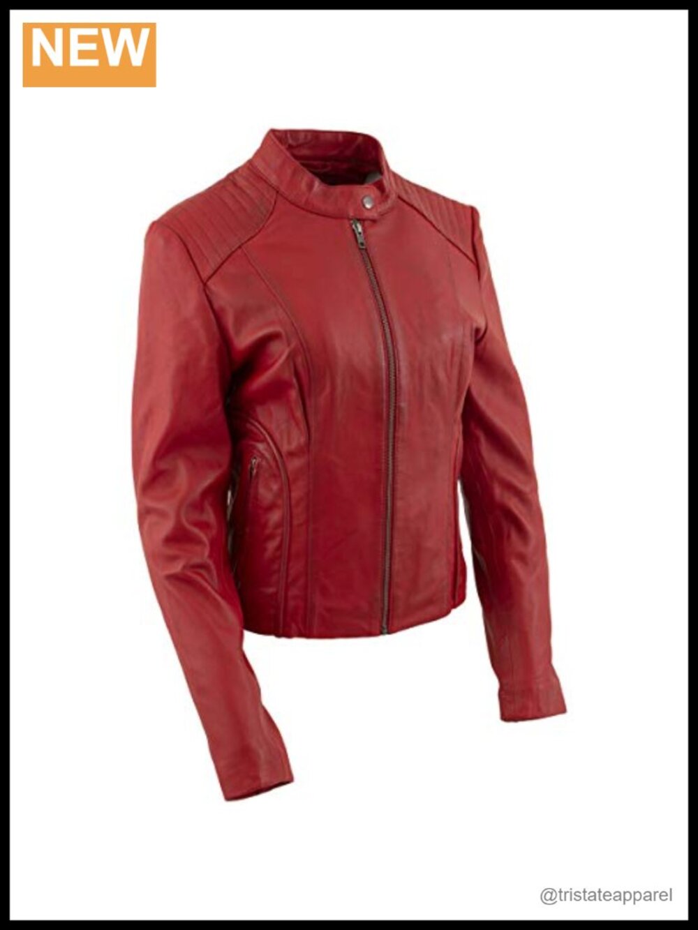 Women's Cowhide Leather Biker Jacket with Mandarin Collar, Zip Pockets
